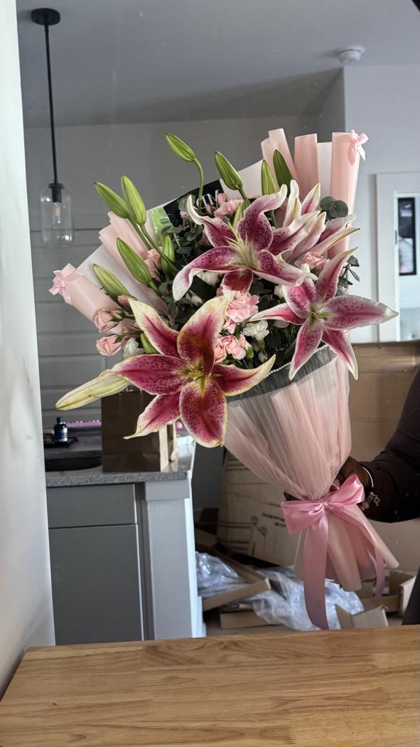 Mixed blush bouquet variation with pink lilies and pastel flowers